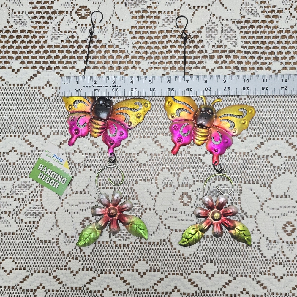 2pc Set New Butterfly Rustic Metal Hanging Garden Patio Decor Yellow Pink Red - Picture 4 of 8